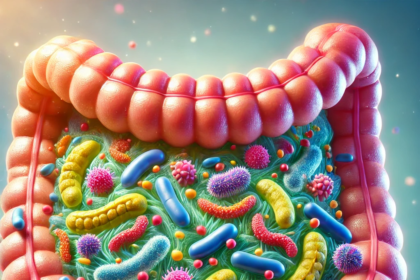 ilustracja zdrowe jelita, przedstawiająca mikrobiom i zdrowe kultury bakterii w kolorze