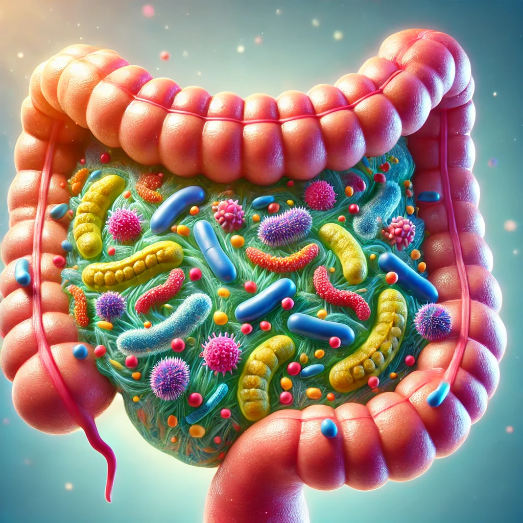 ilustracja zdrowe jelita, przedstawiająca mikrobiom i zdrowe kultury bakterii w kolorze