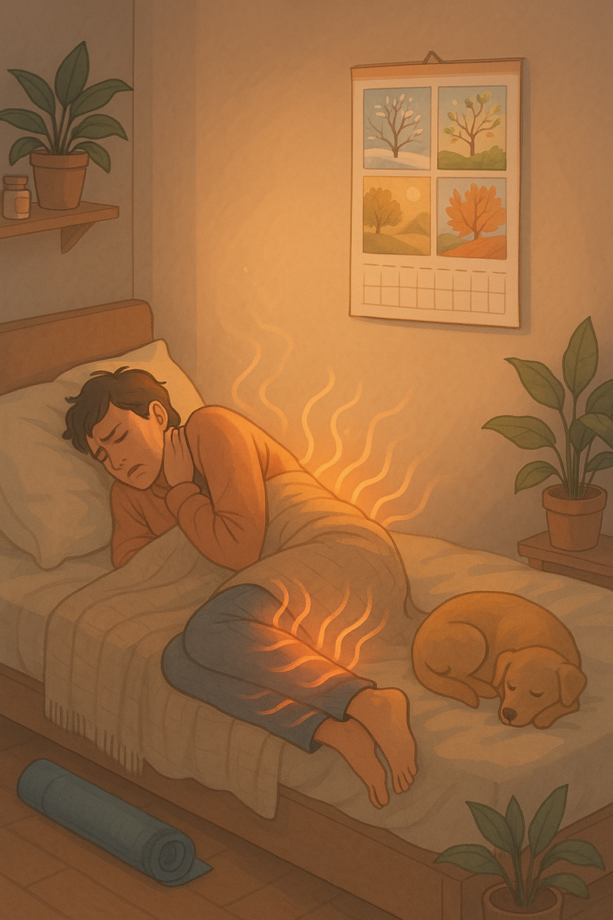 „Osoba leżąca w łóżku z wyraźnym wyrazem bólu na twarzy, otulona kocem, trzymająca się za kark lub kończynę.”