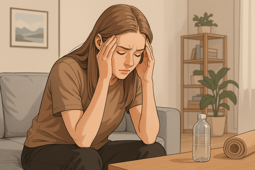 Zestresowana kobieta w nowoczesnym wnętrzu – ilustracja do wpisu o chorobach cywilizacyjnych i zdrowym stylu życia