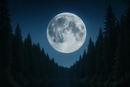Pełnia księżyca nad jeziorem w lesie – nocna, naturalna sceneria symbolizująca wpływ księżyca na ciało i umysł.