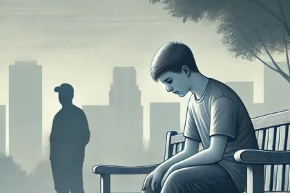 Samotny nastolatek w parku, symbolizujący kryzys psychiczny dzieci i młodzieży.