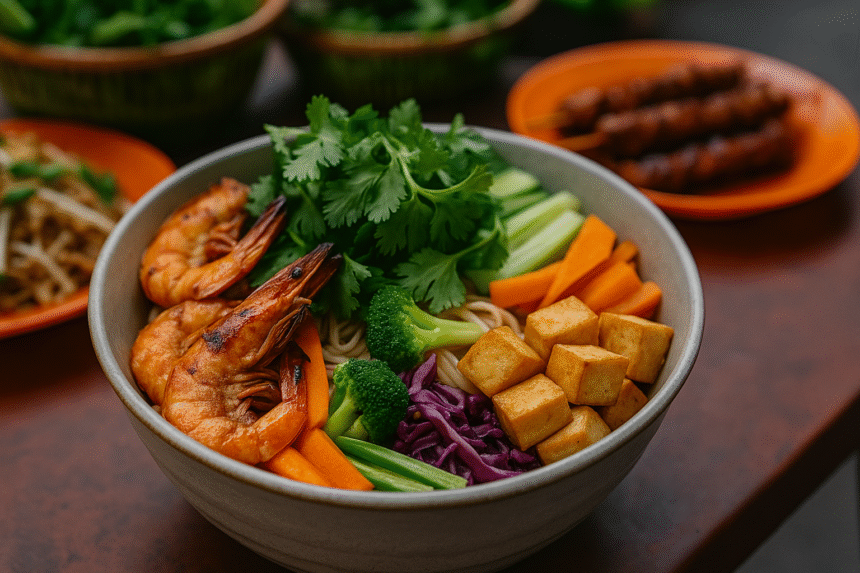 Zdrowe jedzenie na azjatyckim street foodzie – miska pełna warzyw, tofu i grillowanych owoców morza