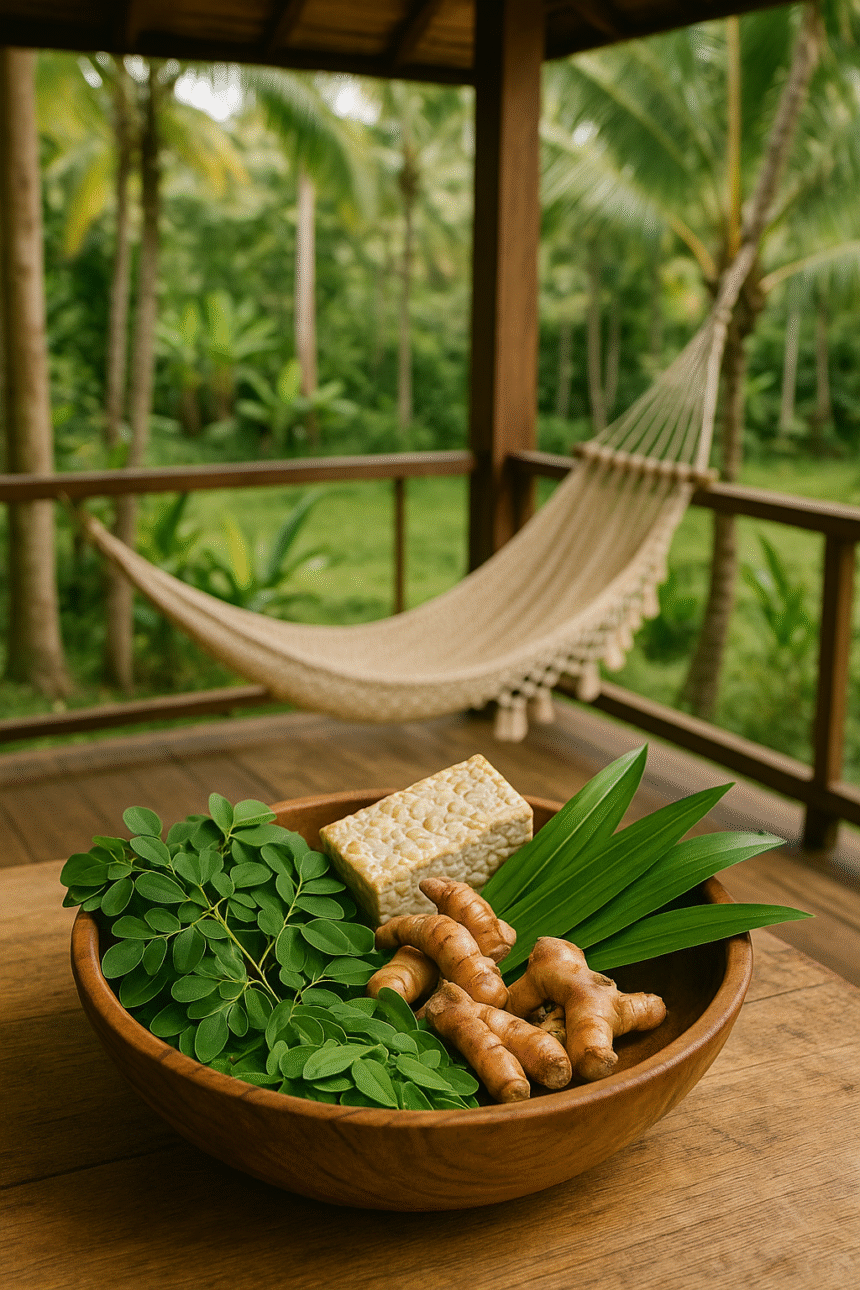 Lokalne superfoods z Azji – moringa, tempeh, pandan i galangal na tropikalnym tarasie.