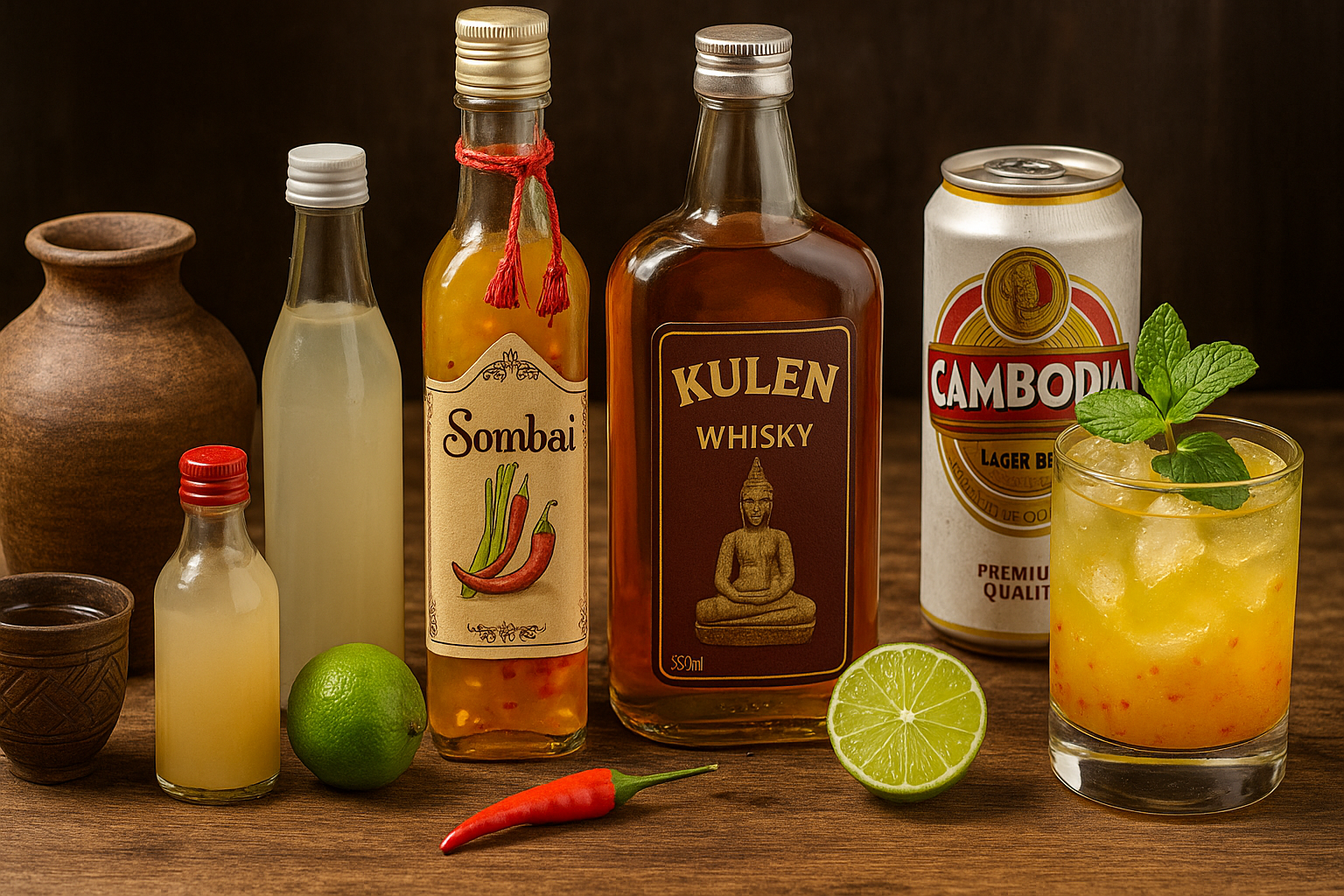 Tradycyjne alkohole z Kambodży – butelki Sombai, Kulen Whisky, piwo Cambodia i lokalne dodatki na drewnianym stole.