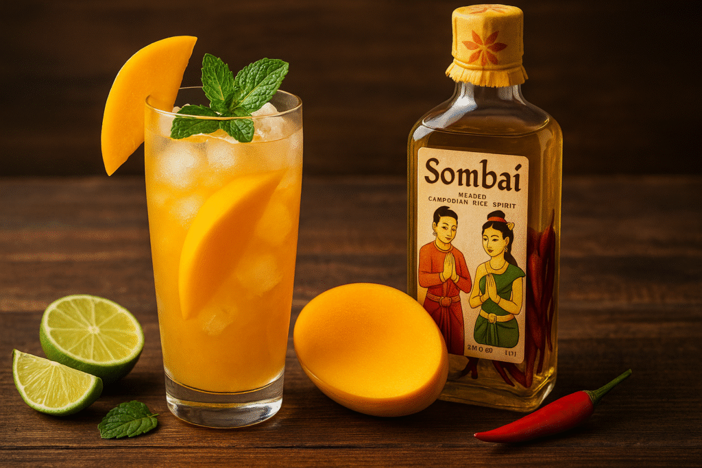 kambodżański koktajl z Sombai i mango podany w wysokiej szklance z lodem, miętą i plasterkiem mango, obok butelki Sombai i świeżych składników.