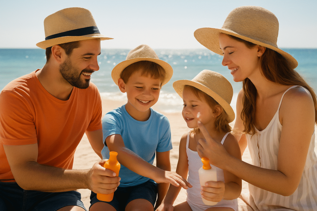 Rodzina na plaży nakładająca krem przeciwsłoneczny, słońce odbija się od wody w tle.