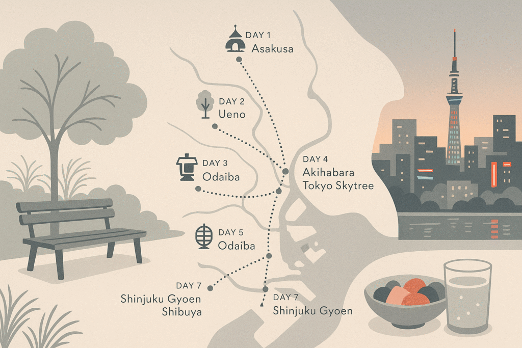 Mapa 7-dniowej trasy po Tokio – Asakusa, Ueno, Shibuya, Odaiba, Akihabara, Tokyo Skytree i Shinjuku Gyoen w stylu Japandi