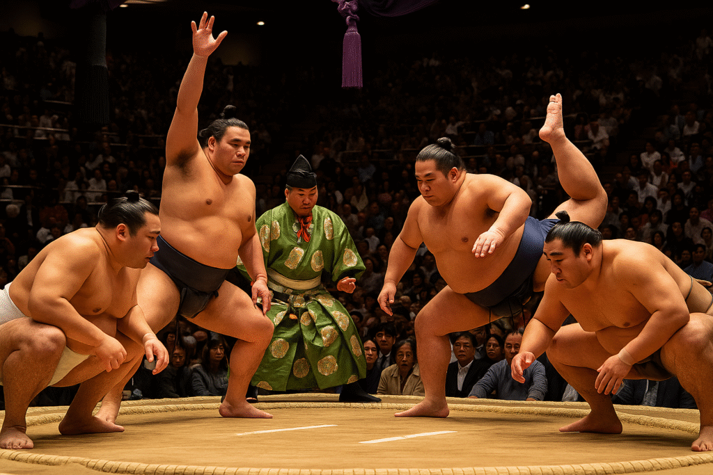 Ceremonialna chwila przed walką sumo podczas majowego turnieju w Ryogoku Kokugikan – sercu japońskiej tradycji zapaśniczej w Tokio.