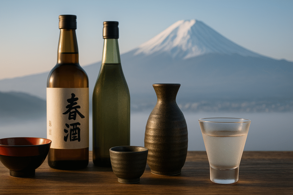 Tradycyjne japońskie alkohole – sake, whisky i ceramiczne czarki, na tle góry Fuji o poranku