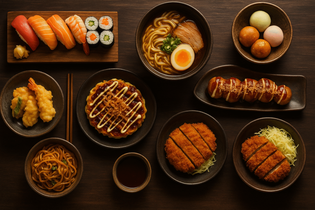Tradycyjne japońskie dania – sushi, ramen, takoyaki, okonomiyaki, tonkatsu, tempura, yakisoba i mochi, podane w ceramicznych misach na ciemnym, drewnianym stole.