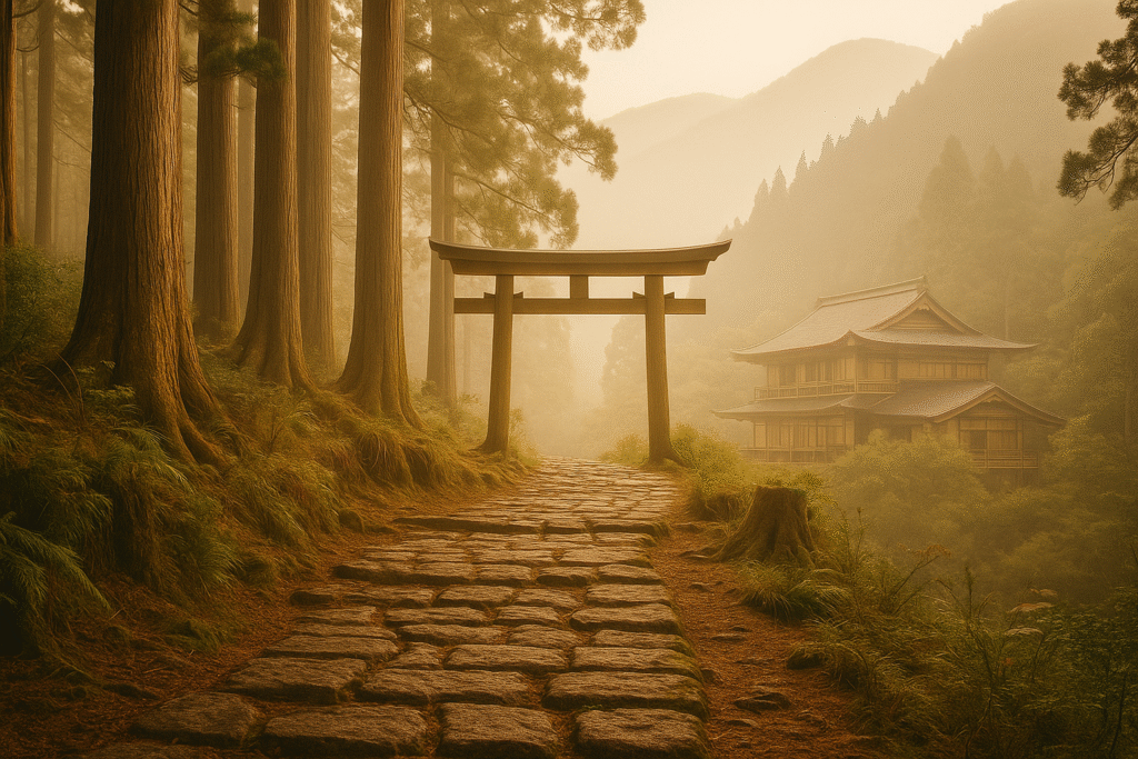 Kamienny szlak Kumano Kodo w Japonii o wschodzie słońca, z torii i tradycyjnym ryokanem w tle, otoczony cedrowym lasem.
