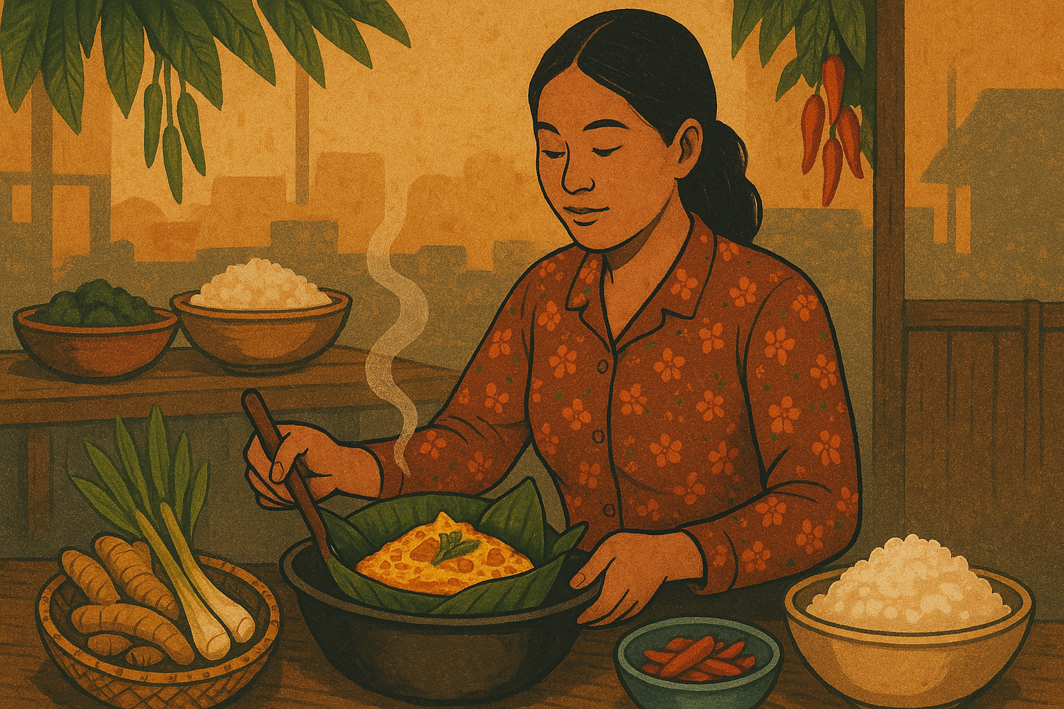 Kobieta gotująca tradycyjne danie kambodżańskie amok w ulicznej kuchni w Phnom Penh