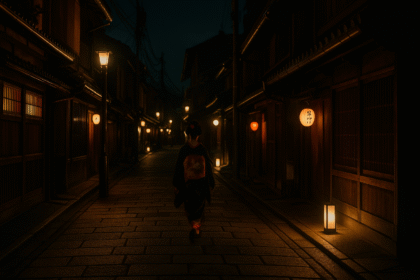 Japonia po zmroku - Tradycyjna ulica w Gion nocą z delikatnym oświetleniem i sylwetką gejszy w oddali.
