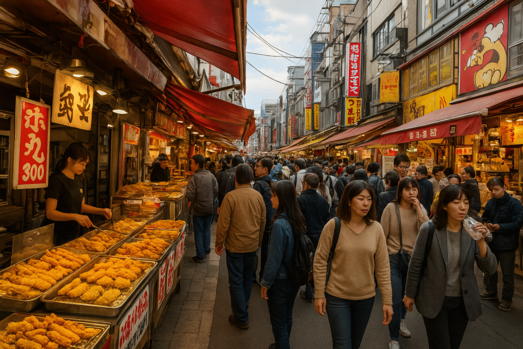 Kolorowe stragany na Ameyoko Market w Tokio, sprzedające świeże owoce morza, przekąski i lokalne specjały street foodu.