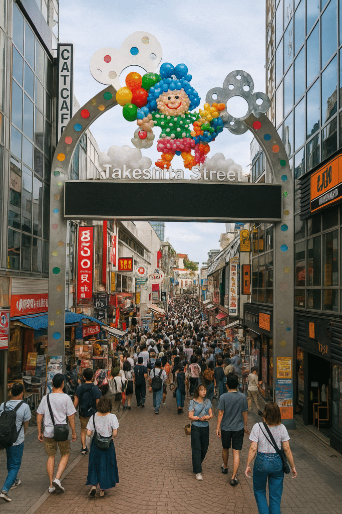Ulica Takeshita-dōri w Tokio ,serce młodzieżowej mody, sklepy po obu stronach ulicy pełne ludzi