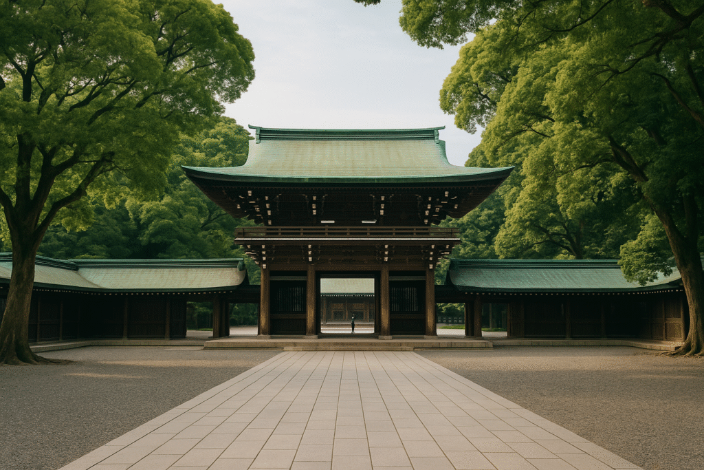 Meiji Jingu w Tokio – drewniana brama świątyni otoczona zielenią drzew w Yoyogi Park.