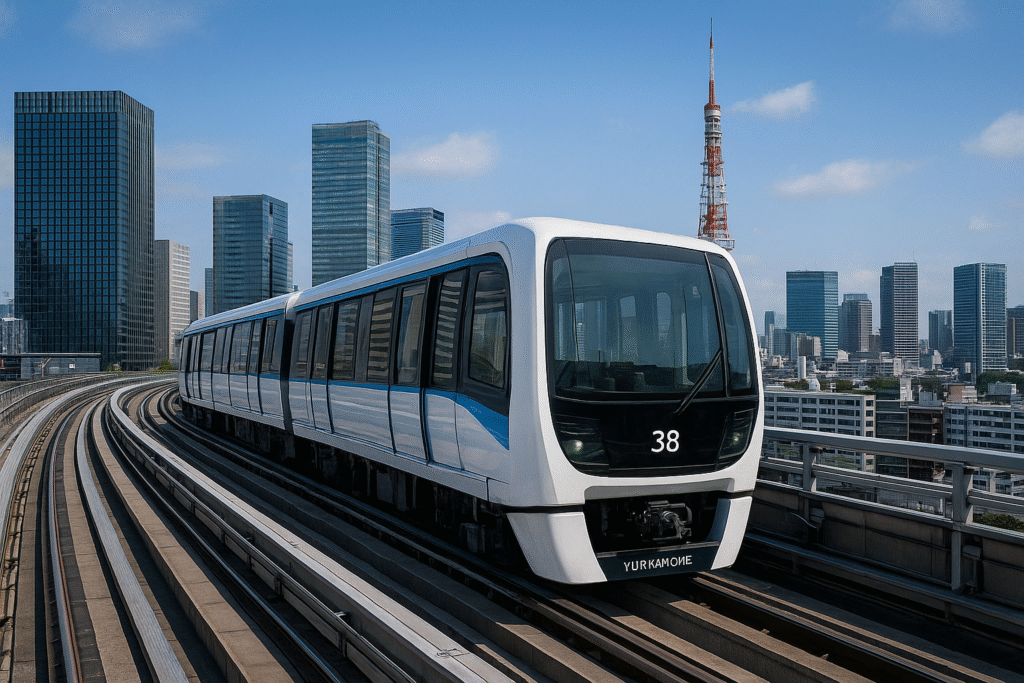 Pociąg Yurikamome na podwyższonej linii w Tokio z panoramą miasta i Tokyo Tower w tle.