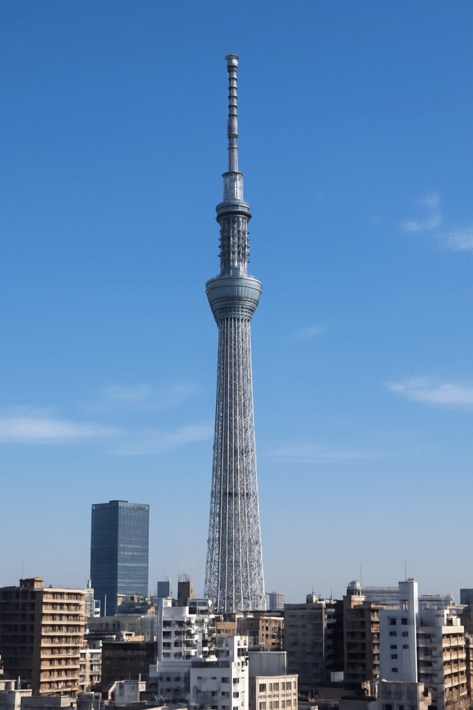 Tokyo Skytree – wysoka wieża telewizyjna i punkt widokowy w Tokio na tle nieba.