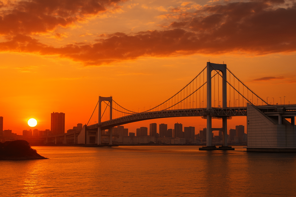 Panorama mostu Rainbow Bridge w Tokio o zachodzie słońca, z intensywnym pomarańczowym niebem nad zatoką.