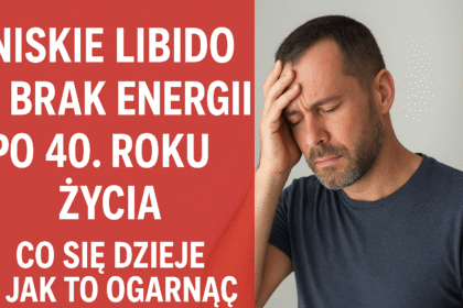 Zmęczony mężczyzna po 40. roku życia trzyma się za głowę, obok napis o niskim libido i braku energii po czterdziestce.