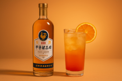 10 alkoholi z Tajwanu - Butelka Yilan Liquor Golden Chicken Cellar i koktajl Taiwan Sunset Highball na pomarańczowym tle