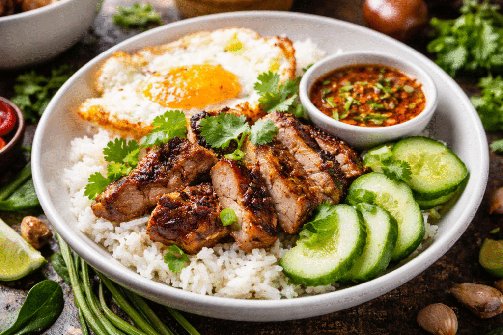 Tajski poranny posiłek – grillowana wieprzowina z ryżem jaśminowym, jajkiem sadzonym i sosem chili