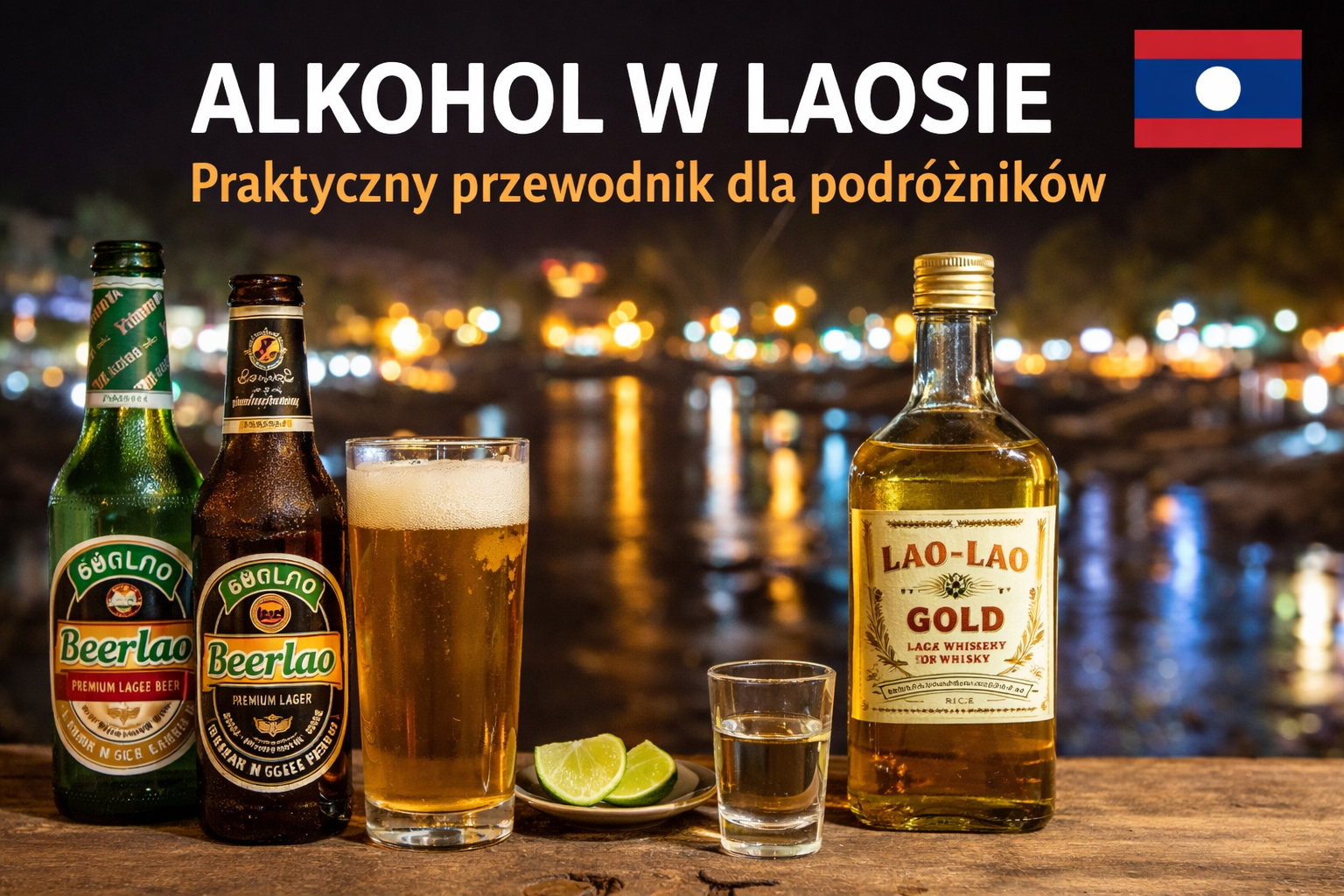 Alkohol w Laosie – piwo Beerlao i lokalny alkohol ryżowy Lao Lao Gold nad Mekongiem nocą