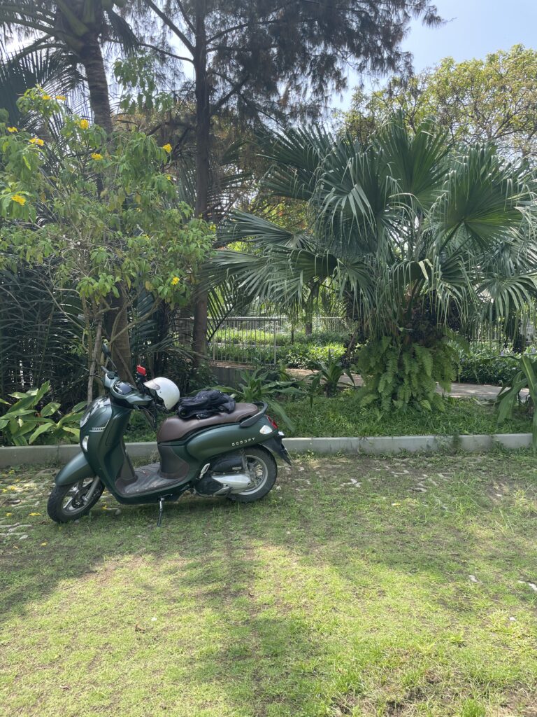 TYDZIEŃ 4/5 1 Zielony skuter zaparkowany w tropikalnym ogrodzie w Hoi An w Wietnamie