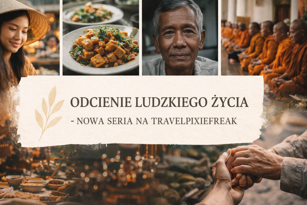 Kolaż – lokalna kuchnia, portret starszego mieszkańca, mnisi buddyjscy i scena podróży – przygotowania do serii „Odcienie ludzkiego życia”